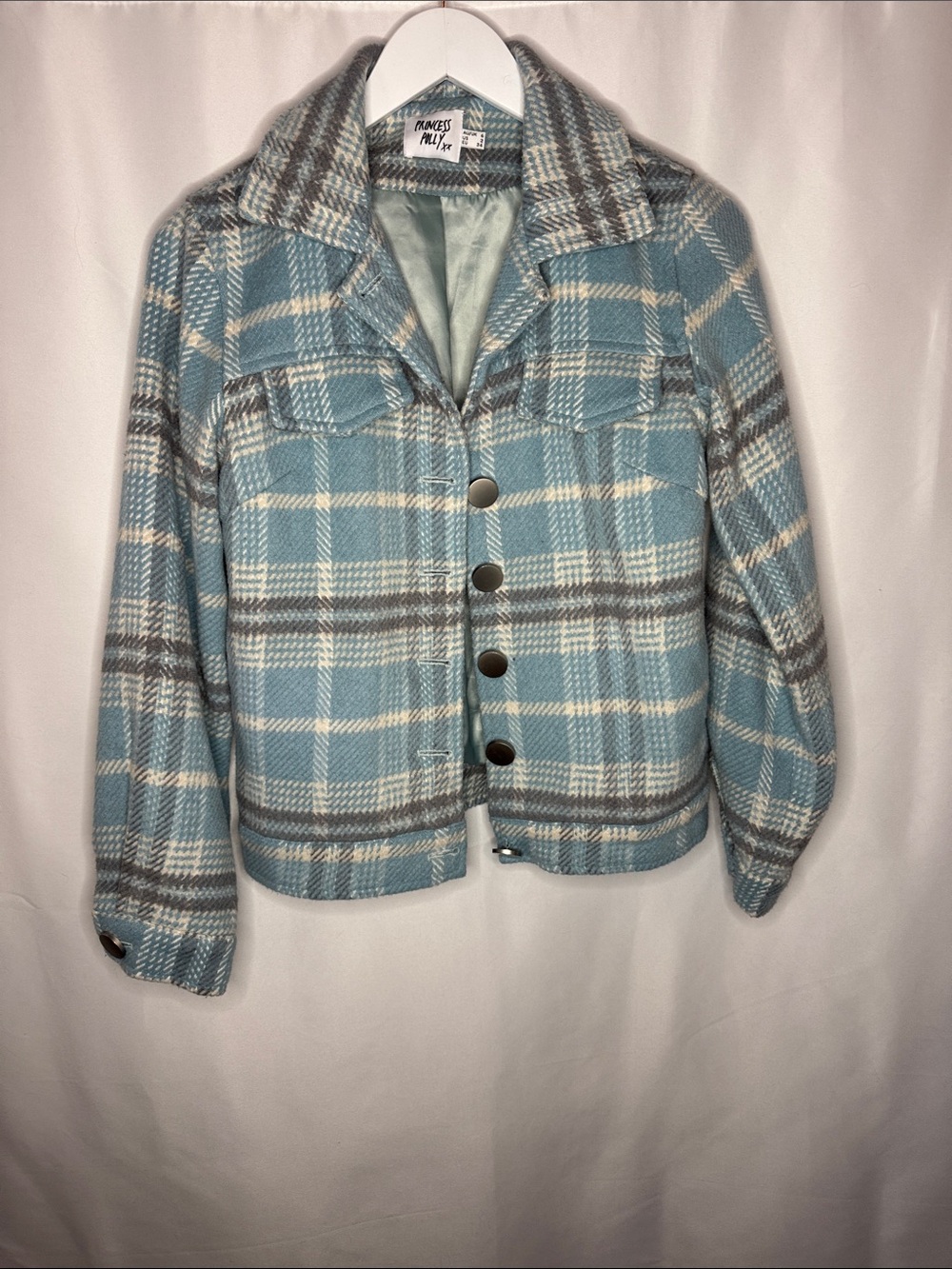 Princess Polly Blue Plaid Teddy Jacket size 2 wool